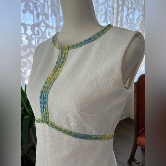 S/M Vintage 60s mod midi dress with green blue detail handmade Gogo dress - Picture 2 of 9